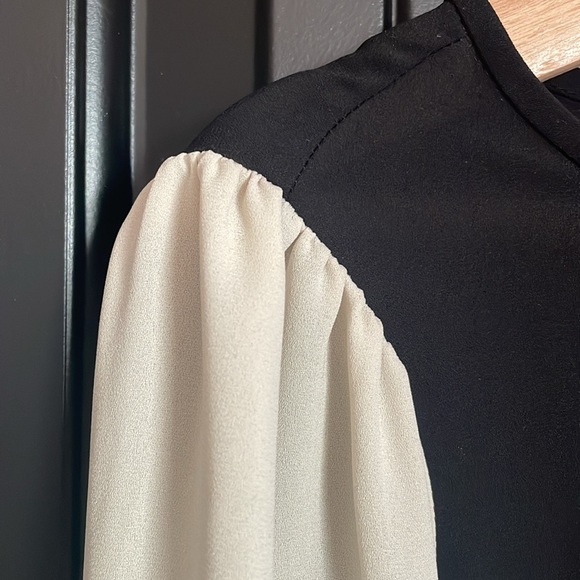 LOFT sheer, long sleeve black + cream color block blouse with back tie - Picture 5 of 7